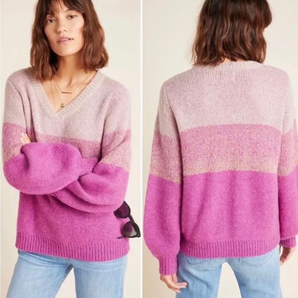 Anthropologie Numph Nina Pink Metallic Balloon Sleeve Wool Blend Sweater Size XS